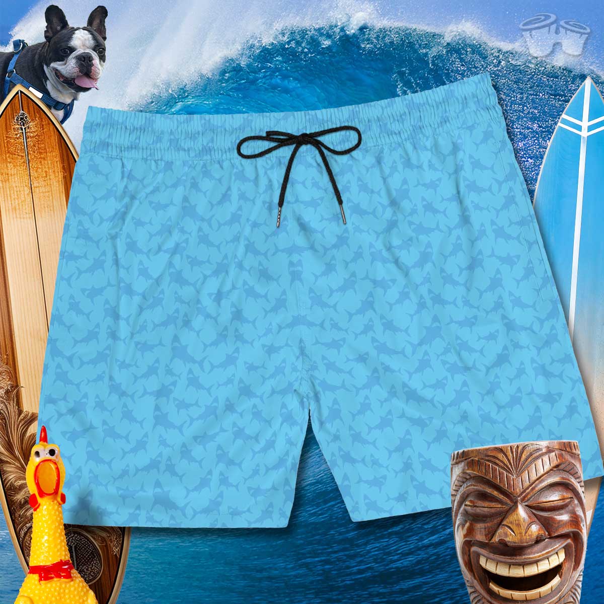 Front of Blue on Blue Shark Pattern mens board shorts with black cord tie