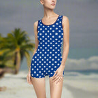 Model sporting Blue One Piece Vintage swinsuit with sand dollar polka dot pattern by Bongo Beachwear