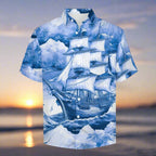 Shirt with a blue and white ship design on a beach background