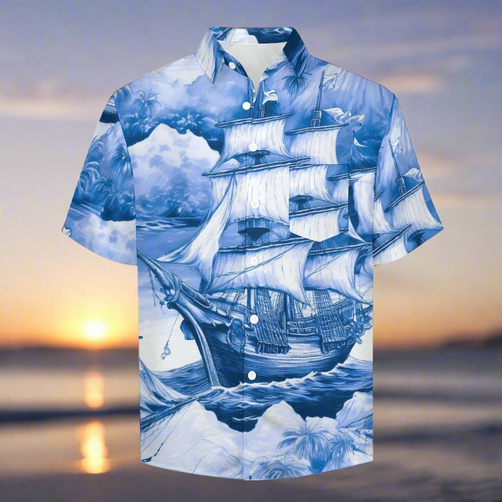 Shirt with a blue and white ship design on a beach background