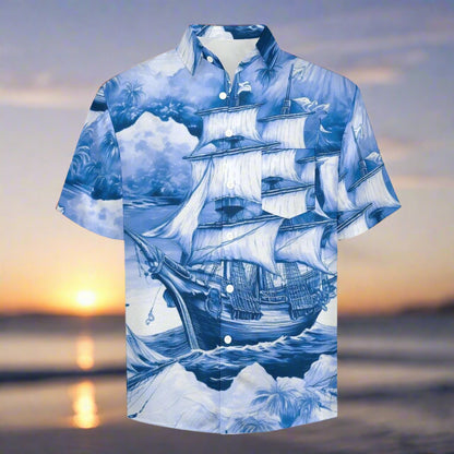 Shirt with a blue and white ship design on a beach background