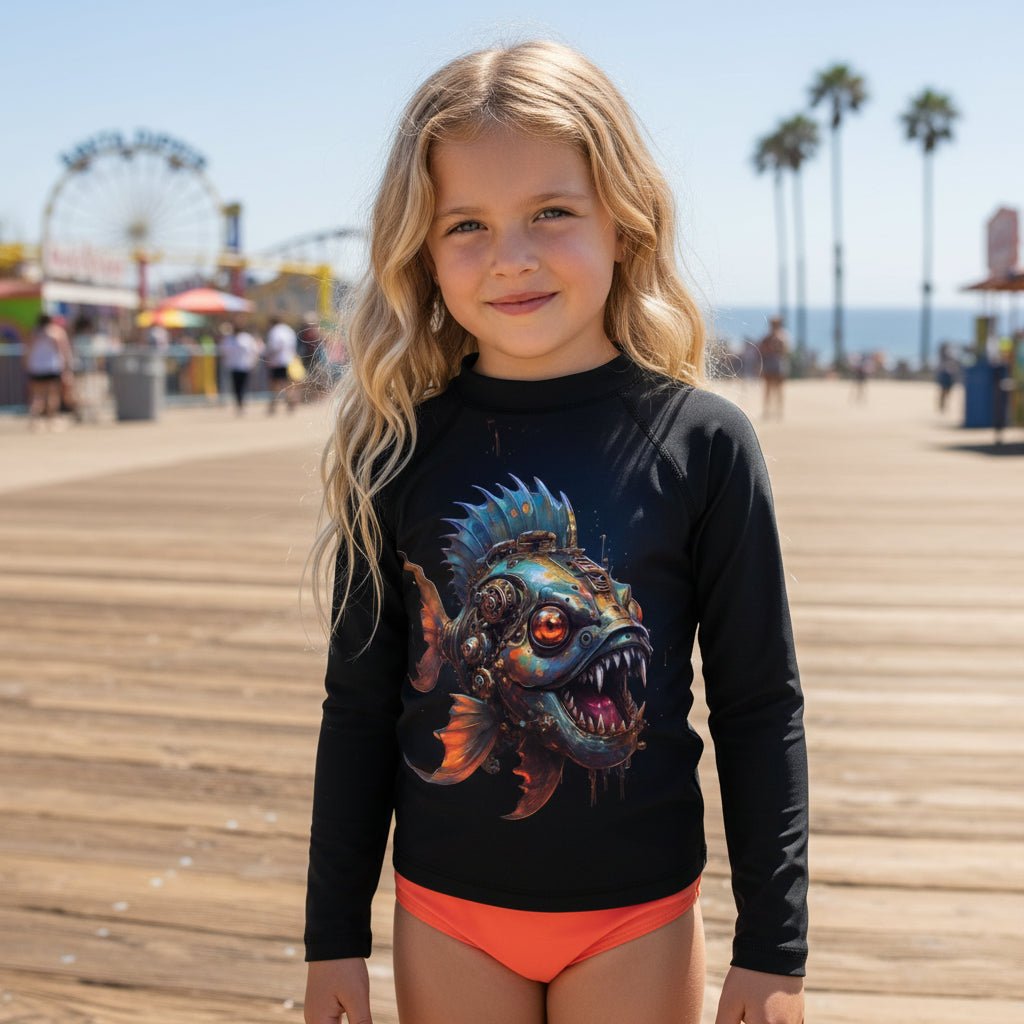 A young girl with blonde hair stands on a sunny wooden boardwalk at the beach wearing a black long-sleeve swim shirt with a large colorful angry fish graphic on the front, paired with orange bikini bottoms.