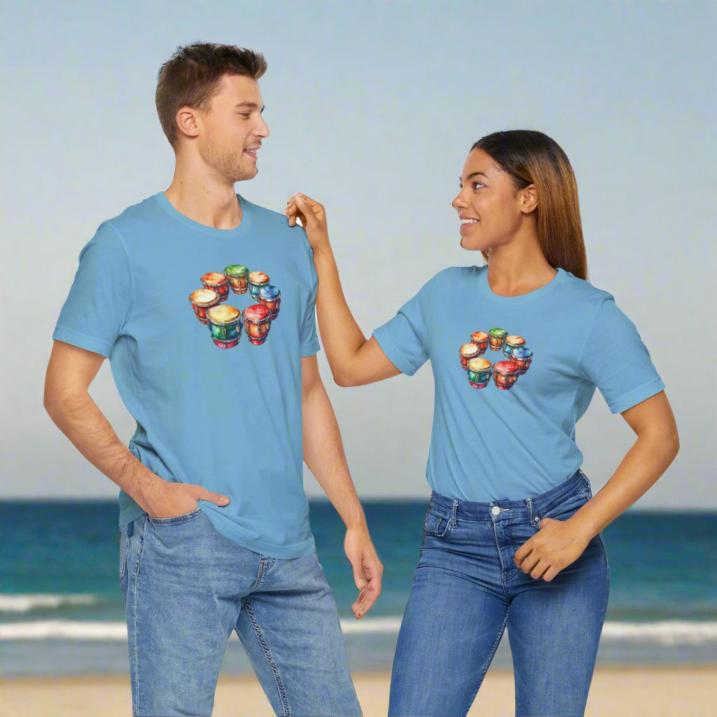 Drum Circle Tee Shirt with Surfing Wave and Icons Background Colorful Bongo Drum Circle | Bella Canvas Tee 🪘