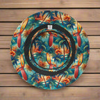 Bottom side of Hawaiian style bucket hat laying upside down on a rustic wood deck