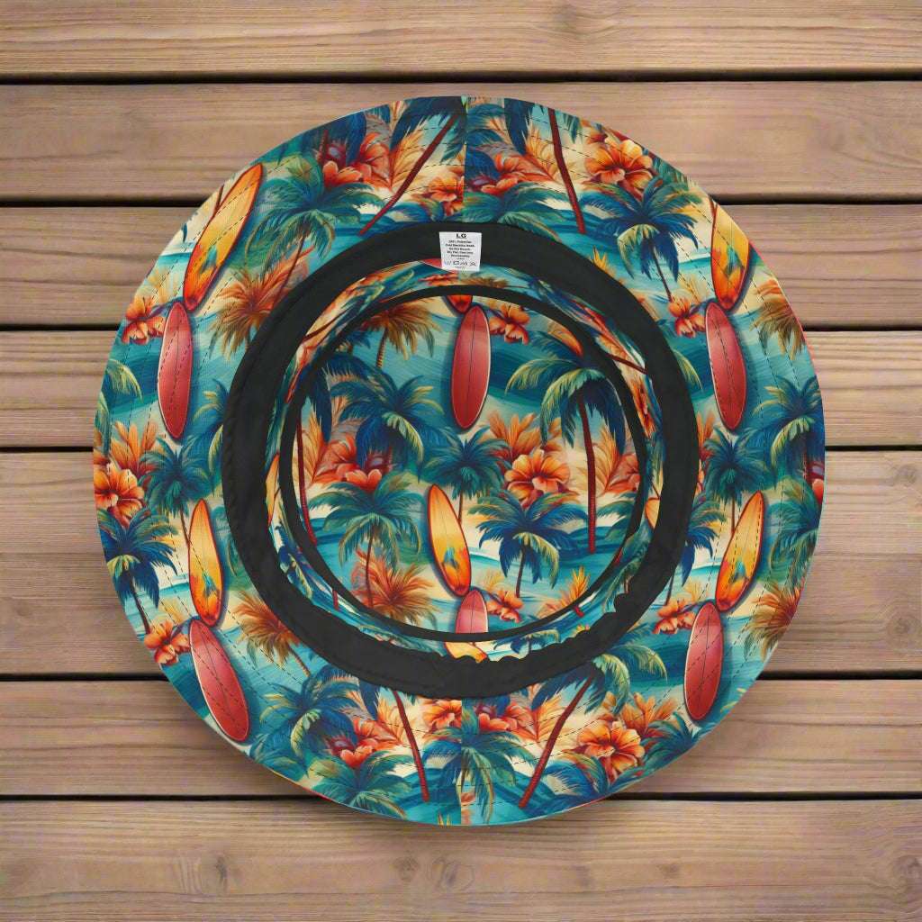 Bottom side of Hawaiian style bucket hat laying upside down on a rustic wood deck