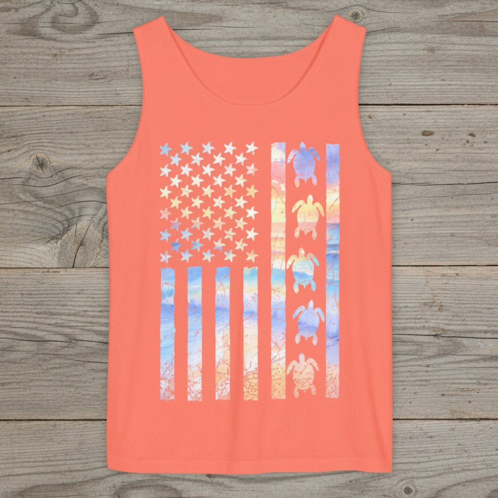 Coral tank top with a colorful graphic design on a rustic nautical wood background
