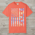 Bright salmon t-shirt with American flag design featuring turtles on a nautical wood background