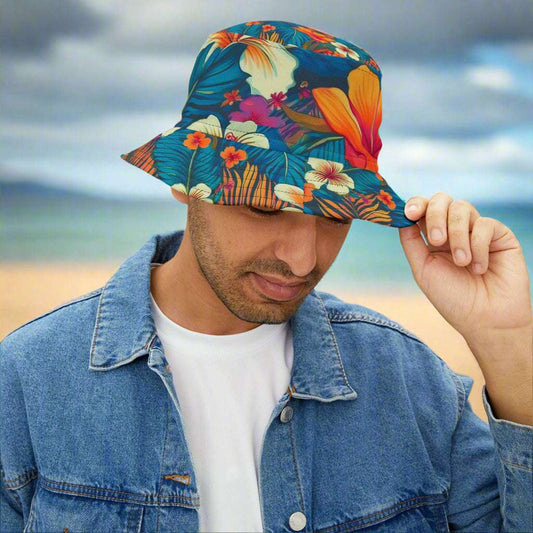 Dude wearing Hawaiian print bucket hat on a beach in Maui