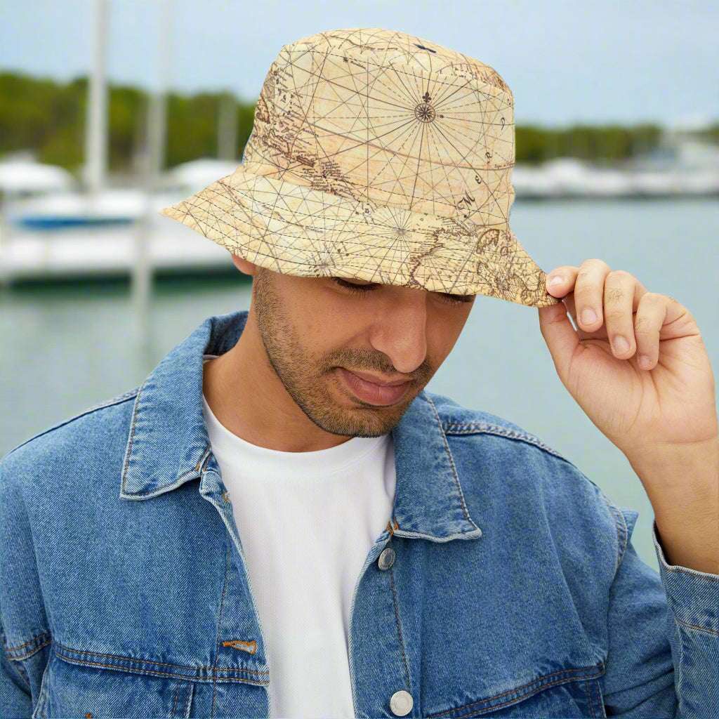 Man Wearing Vintage Nautical Chart Bucket Hat by Bongo Beachwear standing in a marina in Key Largo