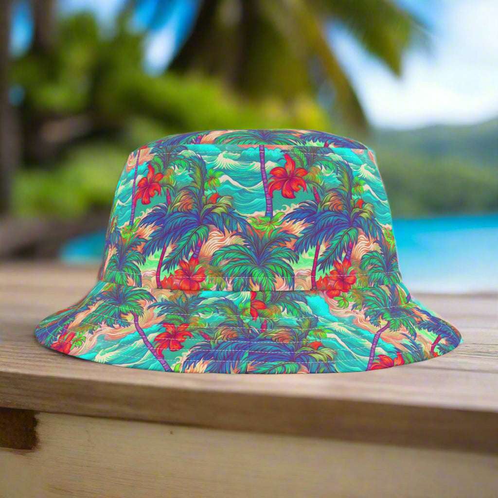 Hawaiian style pattern on bucket hat sitting on a rustic beachside table in Hawaii
