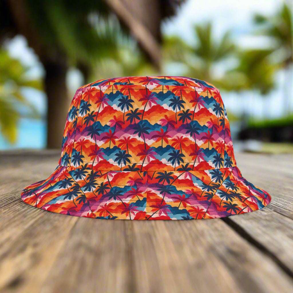 Hawaiian style bucket hat sitting on a rustic wood table near Waikiki