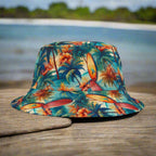 Bucket hat with Hawaiian style surfboard pattern sitting on a rustic wood table next to a surf shack in Waikiki