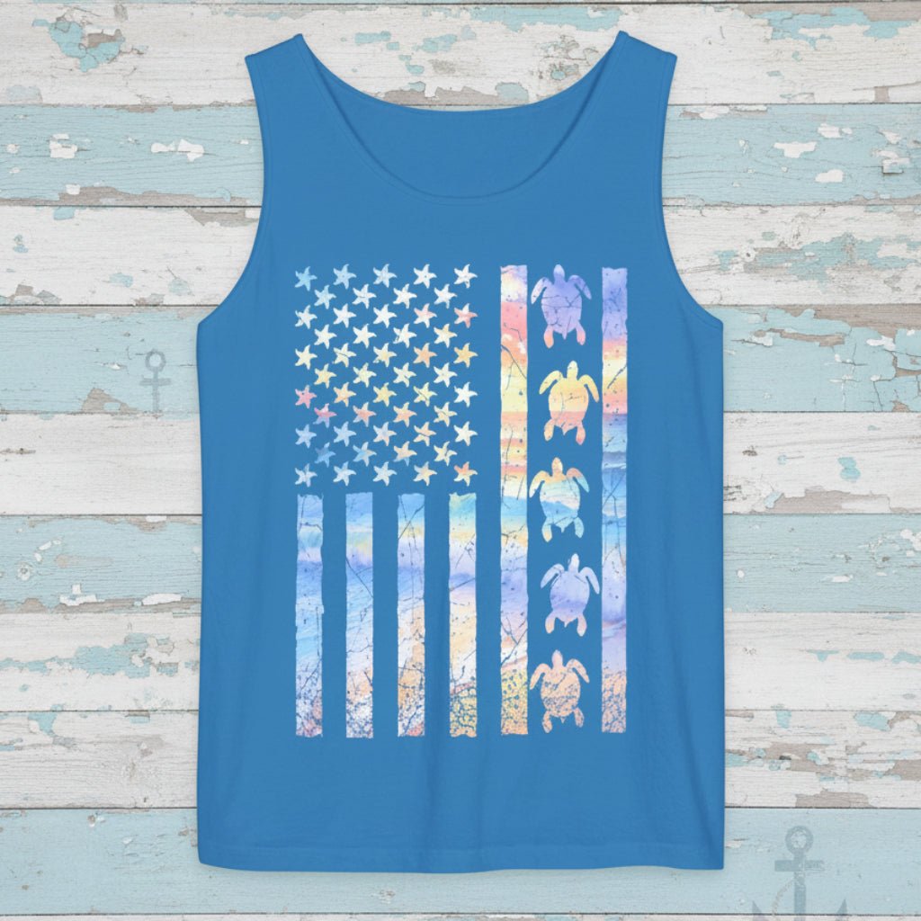 Blue tank top with American flag design featuring turtles on a rustic nautical wood background