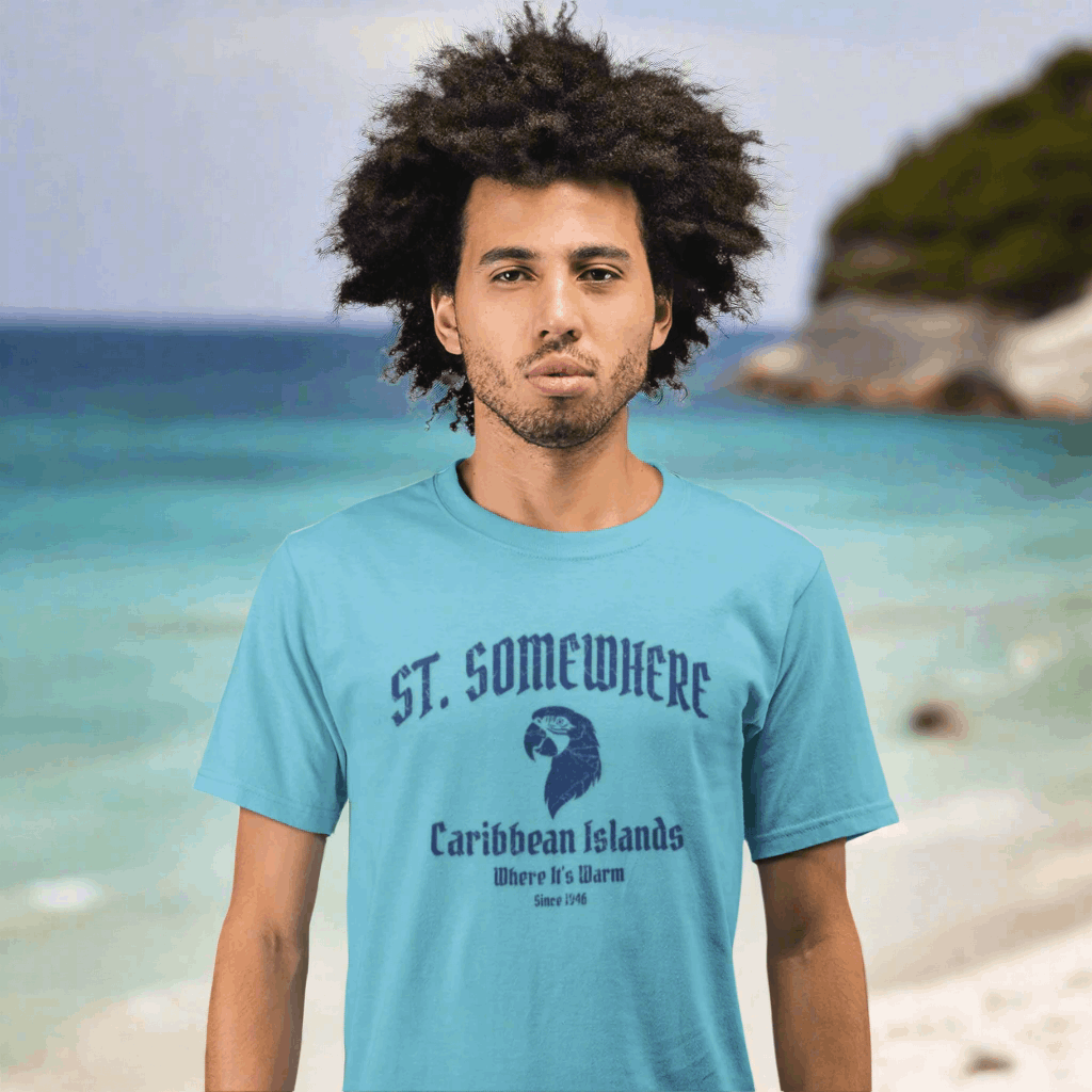 Caribbean local hanging loose in St. Thomas sporting a Bongo Beachwear St. Somewhere T-shirt in