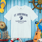 St. Somewhere Island T-shirt for Parrot Heads hovering over backdrop of ParrotHead Icons and a rustic nautical wall of a surfshack