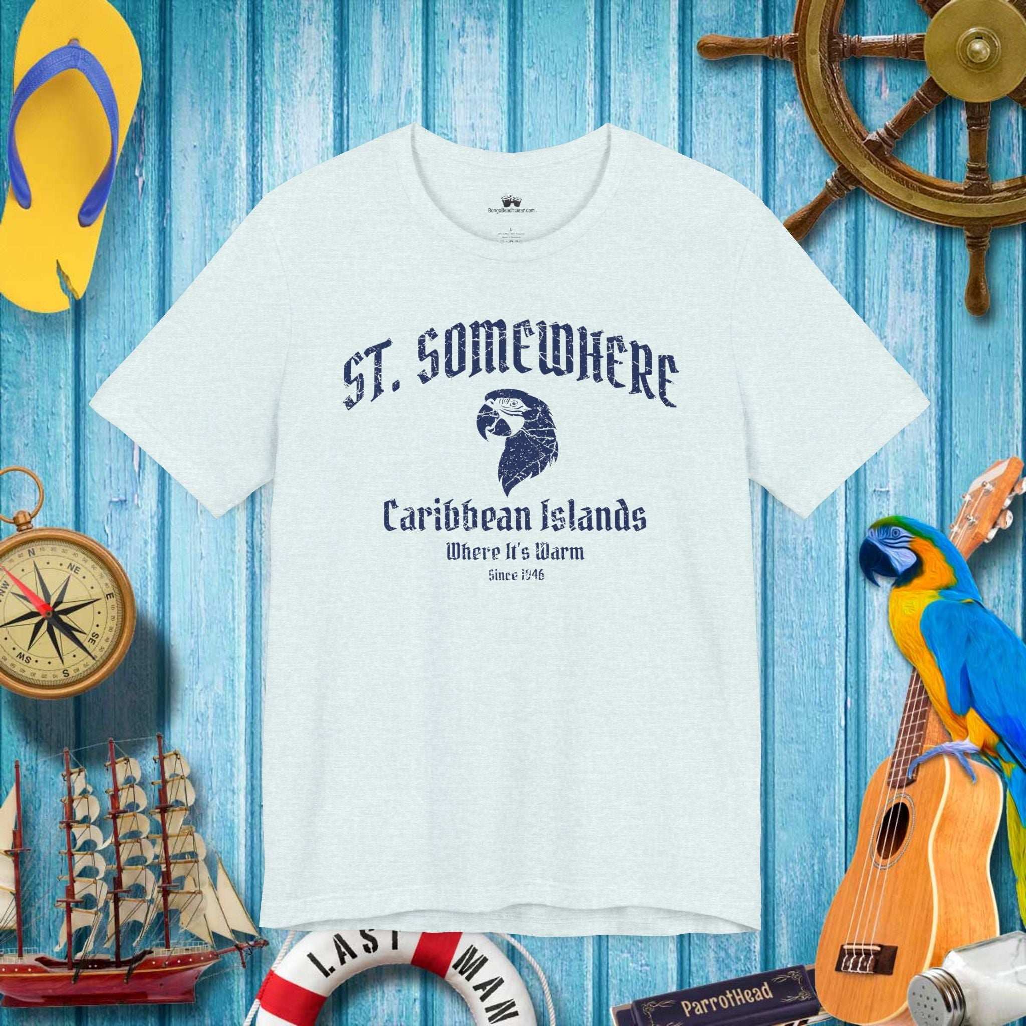 St. Somewhere Island T-shirt for Parrot Heads hovering over backdrop of ParrotHead Icons and a rustic nautical wall of a surfshack