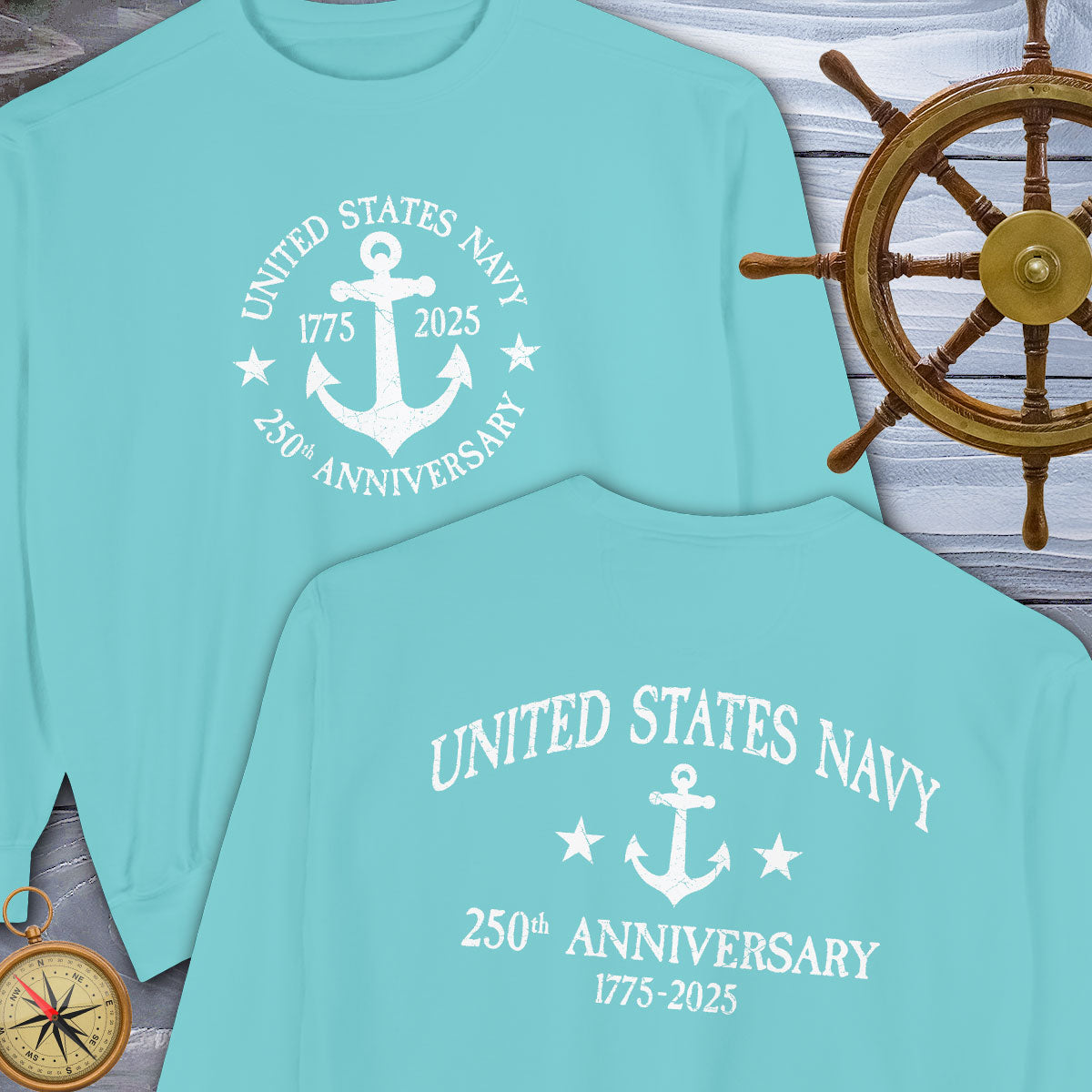 Two light blue t-shirts with 'United States Navy 250th Anniversary' design on a wooden background with a ship's wheel and compass.