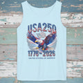 Light blue tank top with an eagle graphic and 'USA 250' text on a rustic wood background