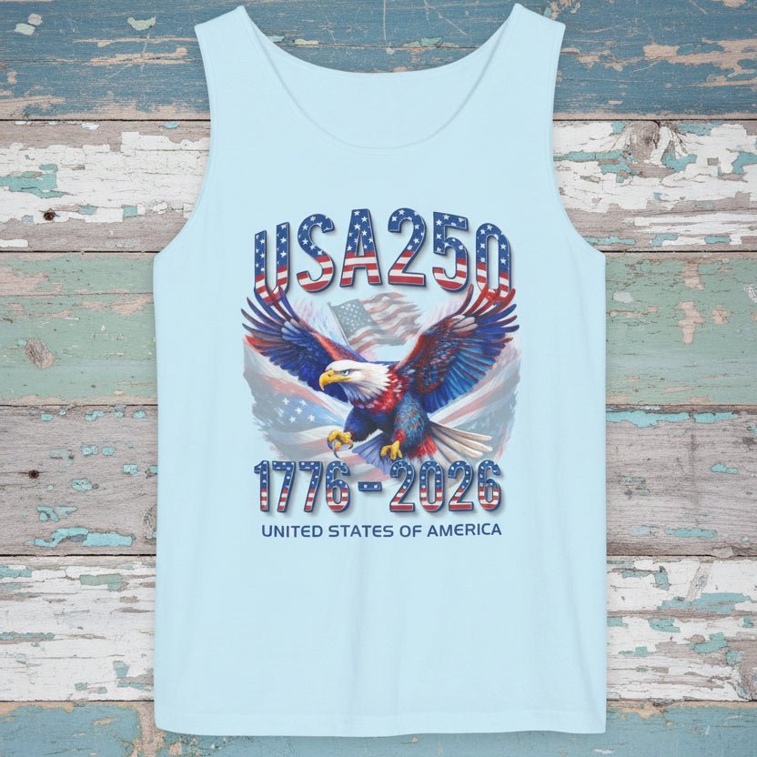Light blue tank top with an eagle graphic and 'USA 250' text on a rustic wood background