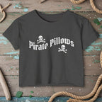Dark gray t-shirt with 'Pirate Pillows' text and skull designs on a white background