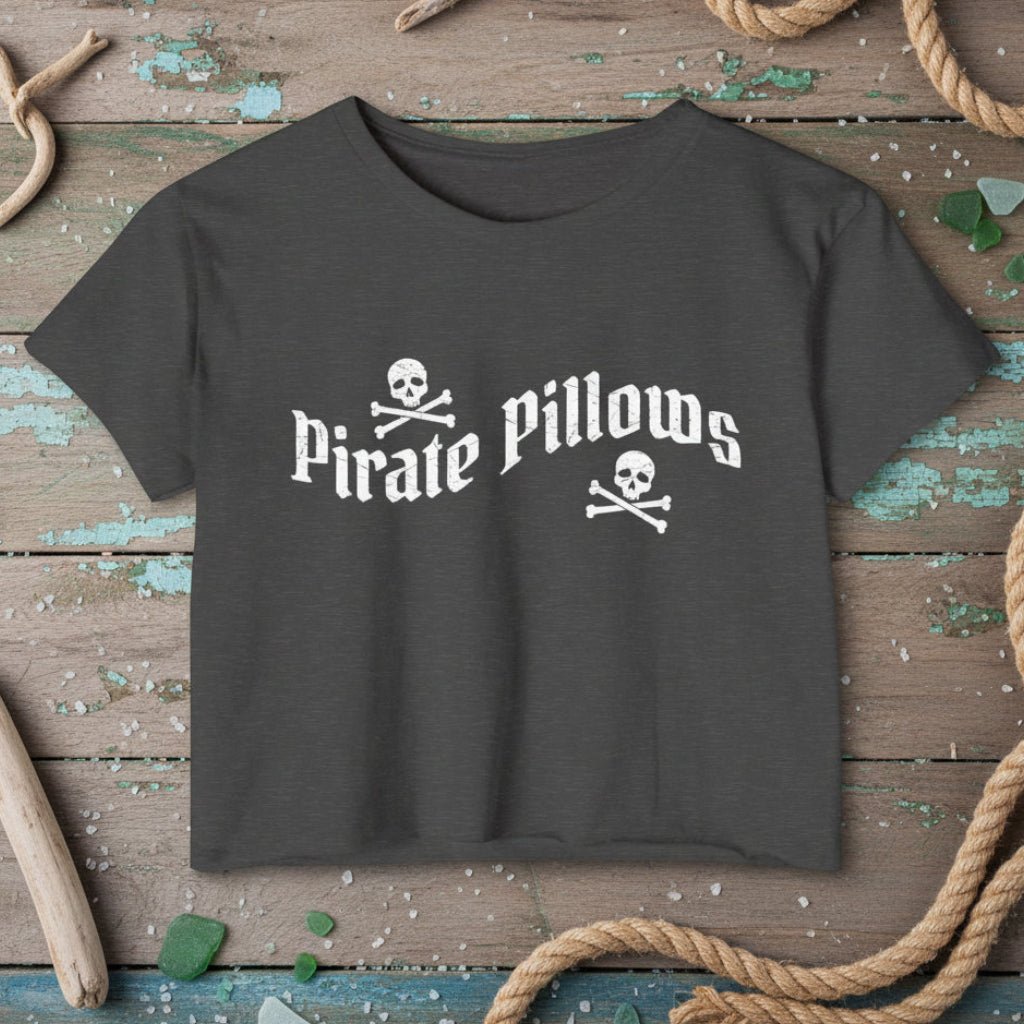 Dark gray t-shirt with 'Pirate Pillows' text and skull designs on a white background