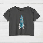 Dark Charcoal gray t-shirt with a blue surfboard graphic and text on a white background