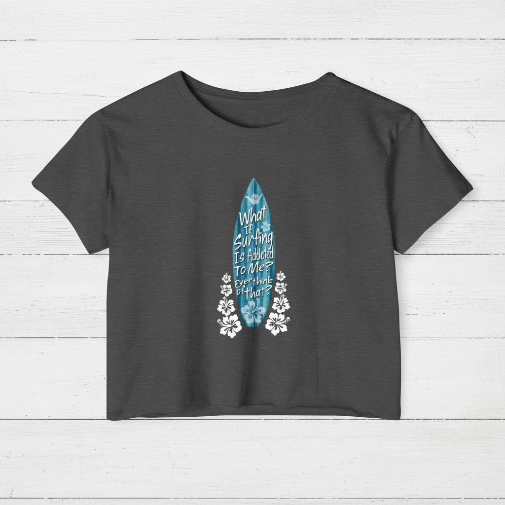 Dark Charcoal gray t-shirt with a blue surfboard graphic and text on a white background