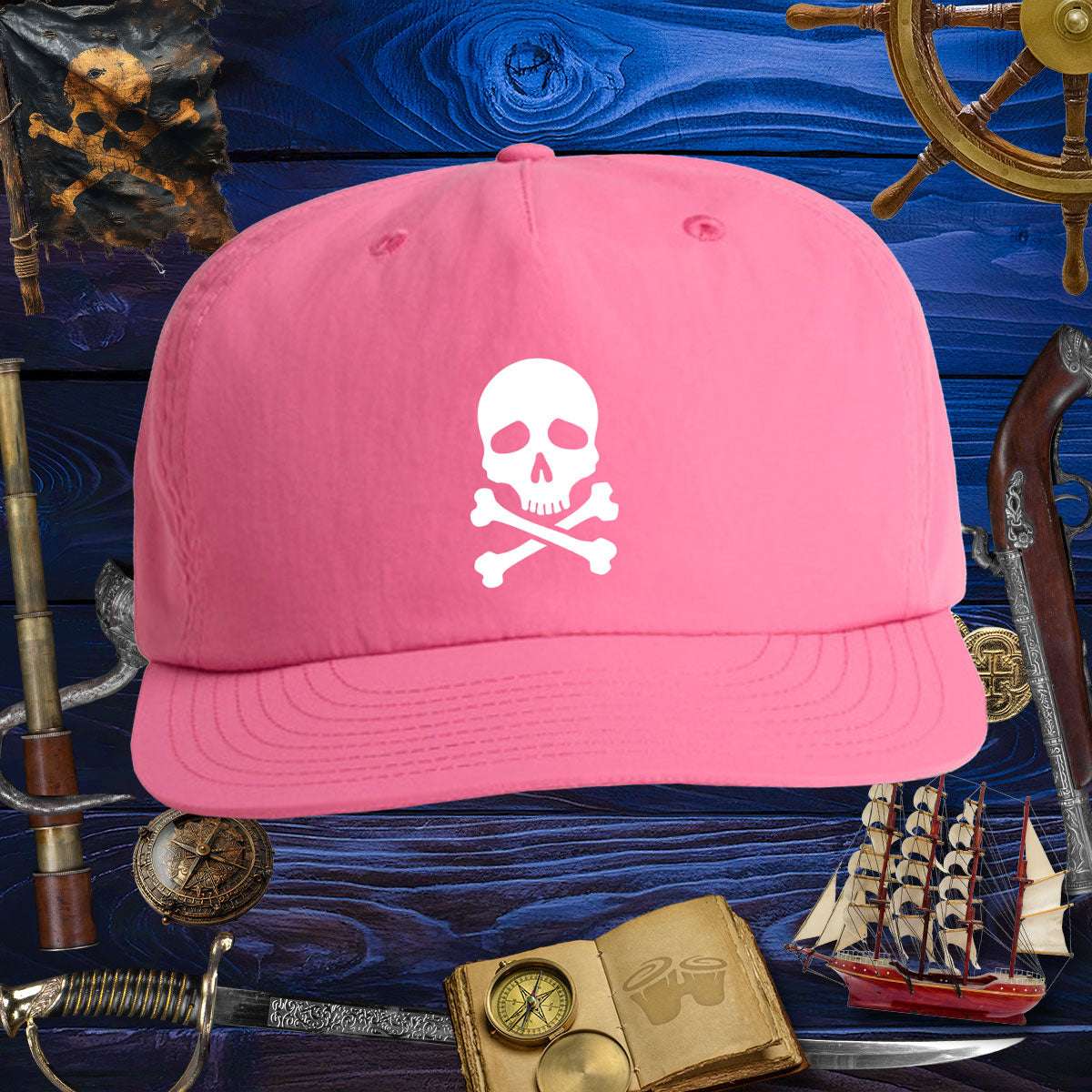 Skull & Bones Surf Cap in pink with white skull and crossbones design, perfect for pirates and beach adventures.