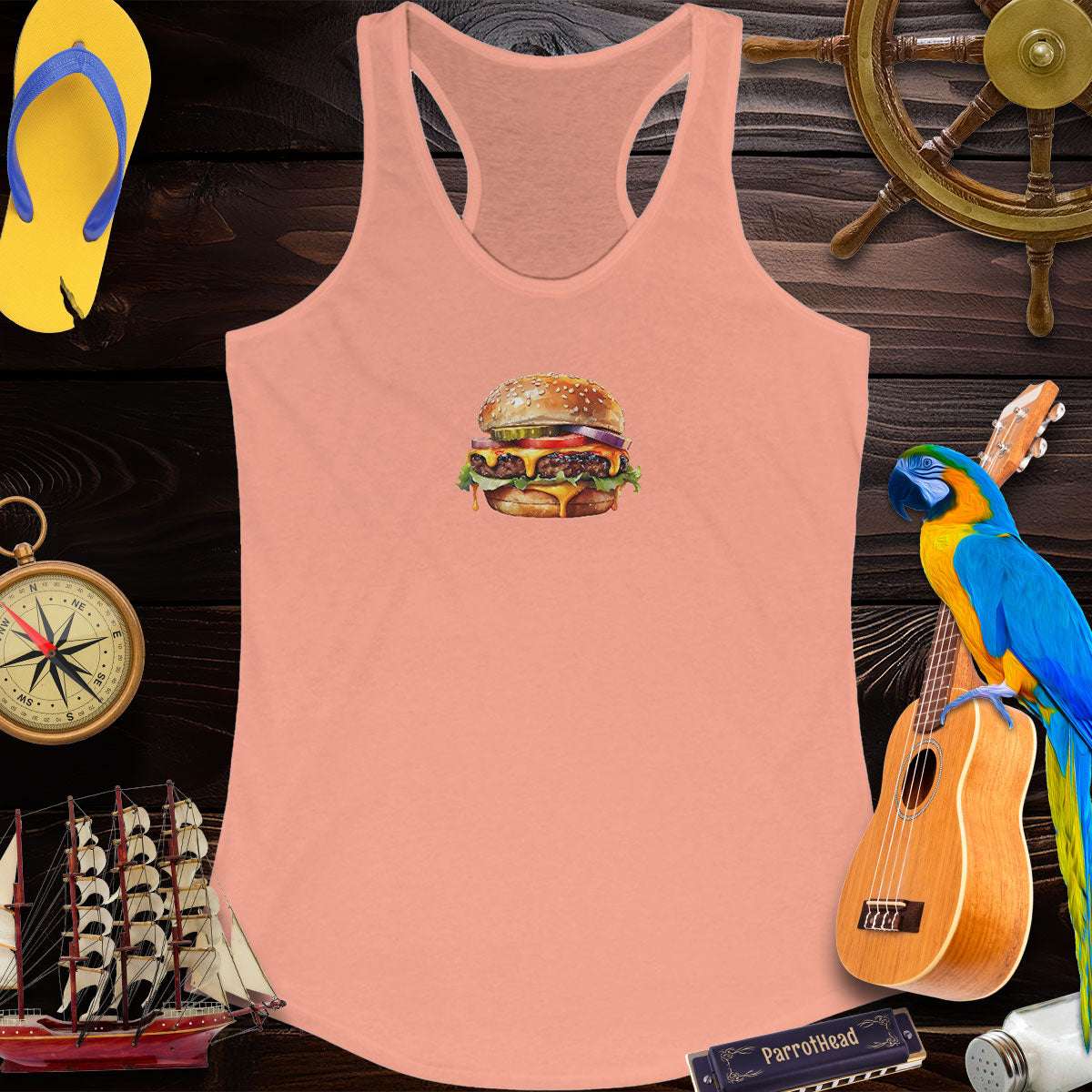 Women's ParrotHead Racerback Tank Top With A Cheeseburger Tank Tops