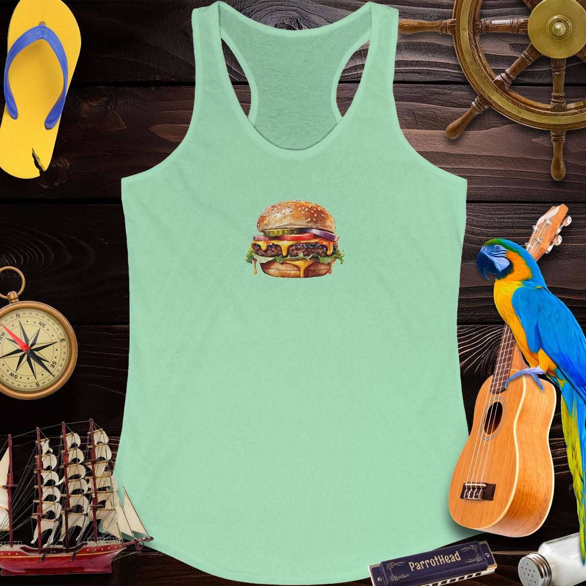 Women's ParrotHead Racerback Tank Top With A Cheeseburger Tank Tops