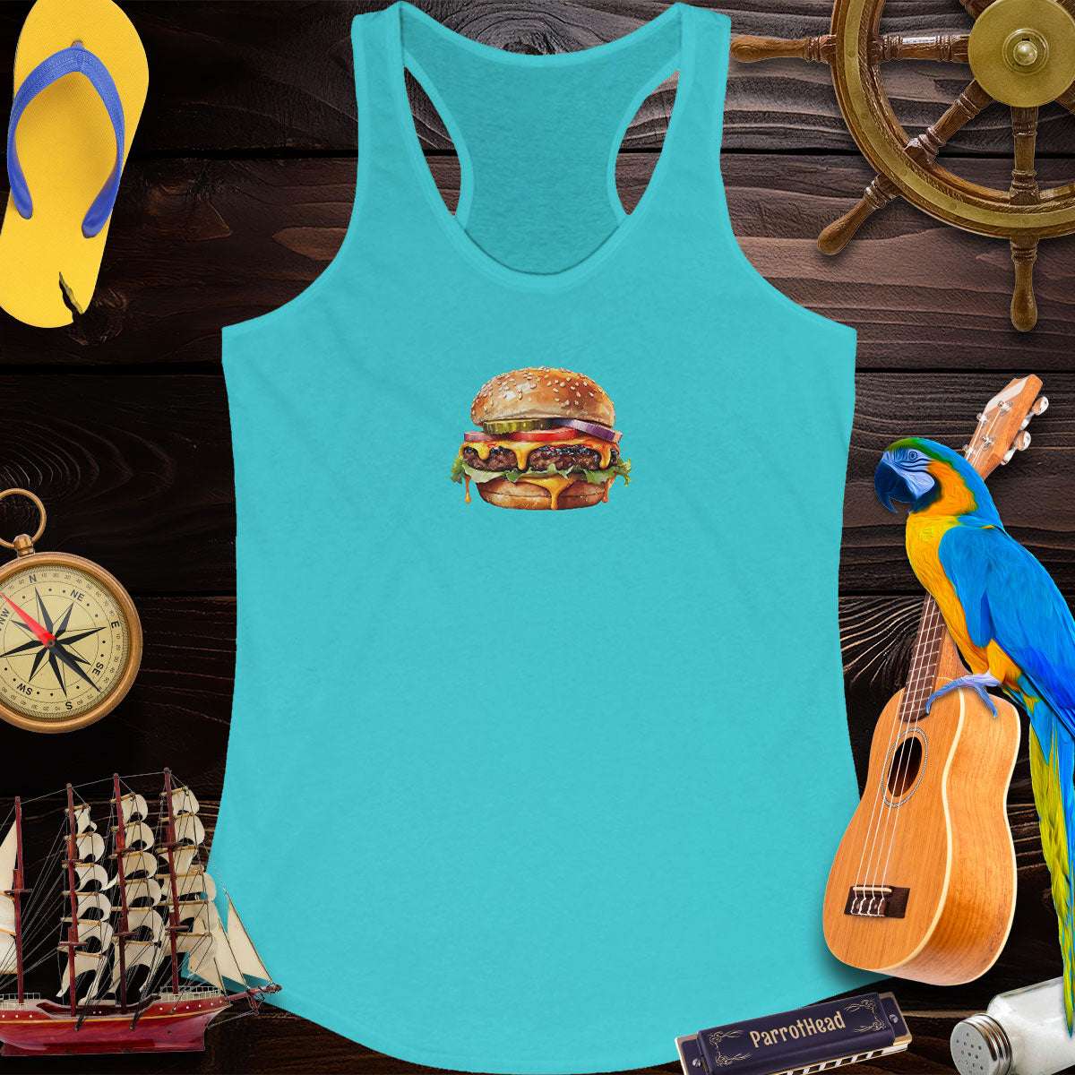 Women's ParrotHead Racerback Tank Top With A Cheeseburger Tank Tops