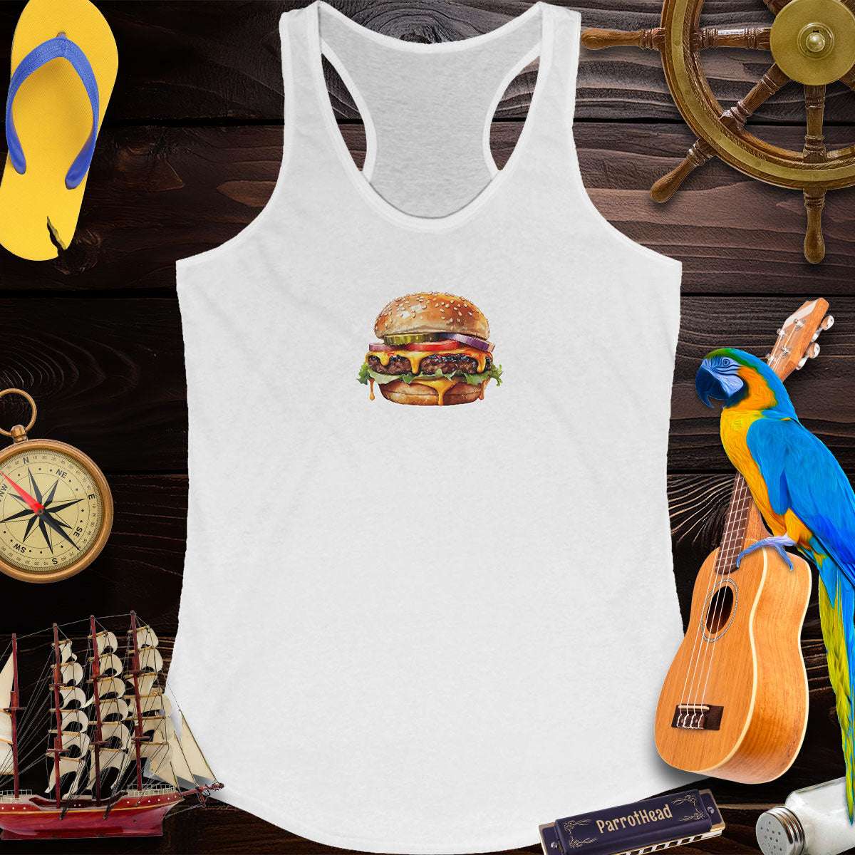 Women's ParrotHead Racerback Tank Top With A Cheeseburger Tank Tops
