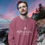 Man wearing a pink sweatshirt with 'ALWAYS ON The Naughty List' text and skull design, standing against a scenic background with a lighthouse.