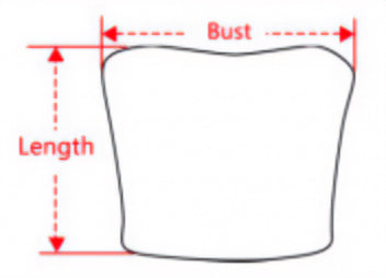 Diagram showing measurements for bust and length on a garment outline.