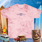Over a background of Surfboards, Beach Wagon, A Laughing Tiki and a Rubber Chicken is Stoked Surfer Vibe Garment Dyed T-Shirt 🤙 
