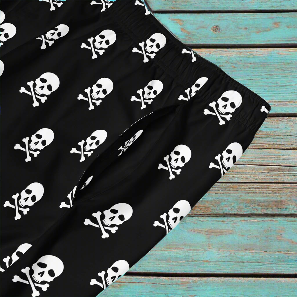 Closeup view of pirate skull board short pocket.