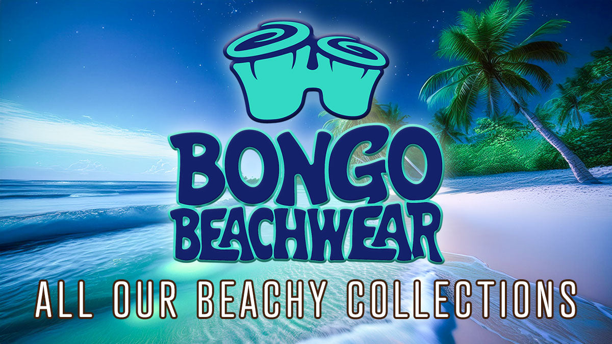 Bongo Beachwear logo with binoculars on a beach background