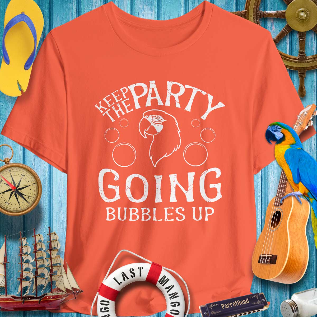 Keep the Party Going ParrotHead T-Shirt in vibrant orange, perfect for fun outdoor gatherings and music festivals.