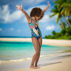 Cute little surfer girl wearing her new one piece surfers swimsuit from Bongo Beachwear dancing on a beach in a tropical paradise.