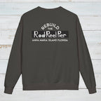 Dark gray sweatshirt with text on the back against a light wooden background