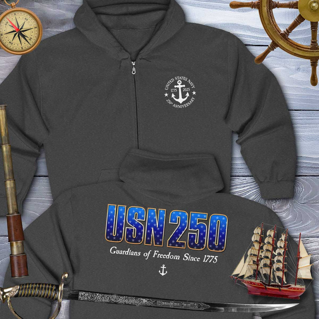 Dark gray hoodie with USN 250 design on a wooden surface with nautical-themed items.