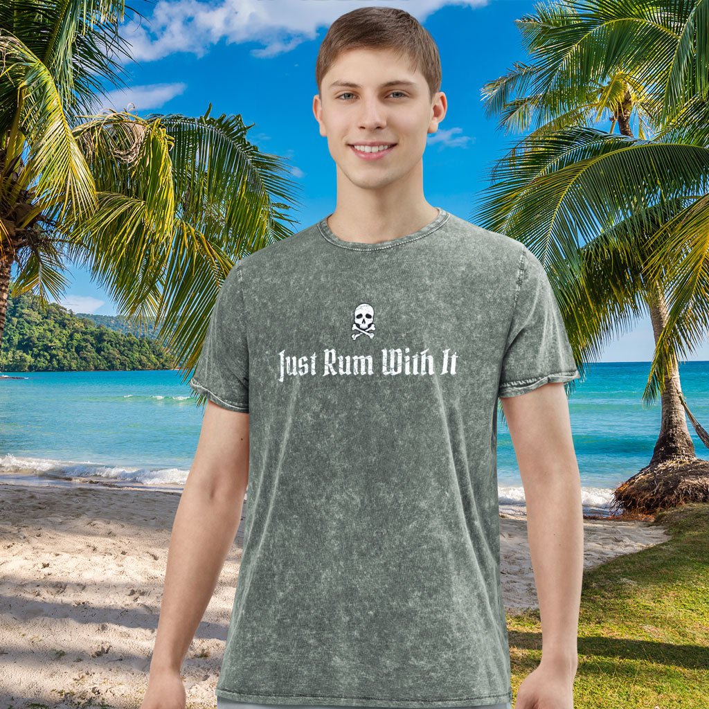 Person wearing a t-shirt with 'just Run With It' text on a tropical beach background