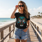 A black short-sleeve Sugar Skull T-Shirt t-shirt featuring a colorful sugar skull graphic on the chest, displayed against a solid white background.