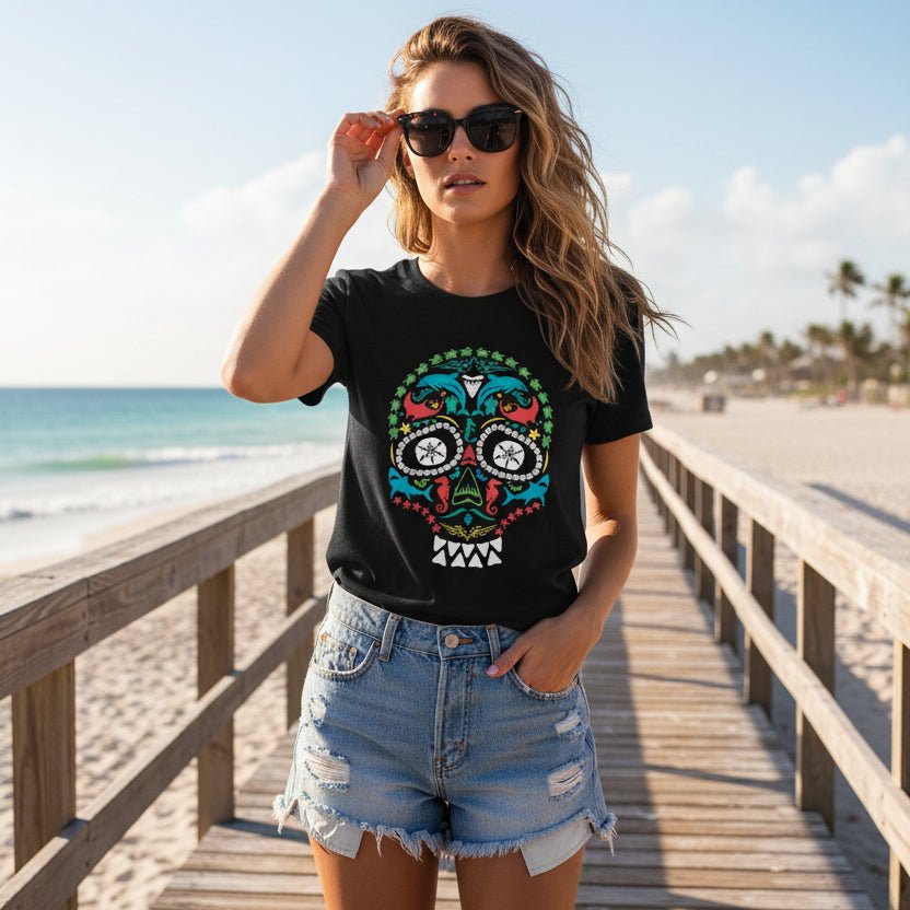 A black short-sleeve Sugar Skull T-Shirt t-shirt featuring a colorful sugar skull graphic on the chest, displayed against a solid white background.