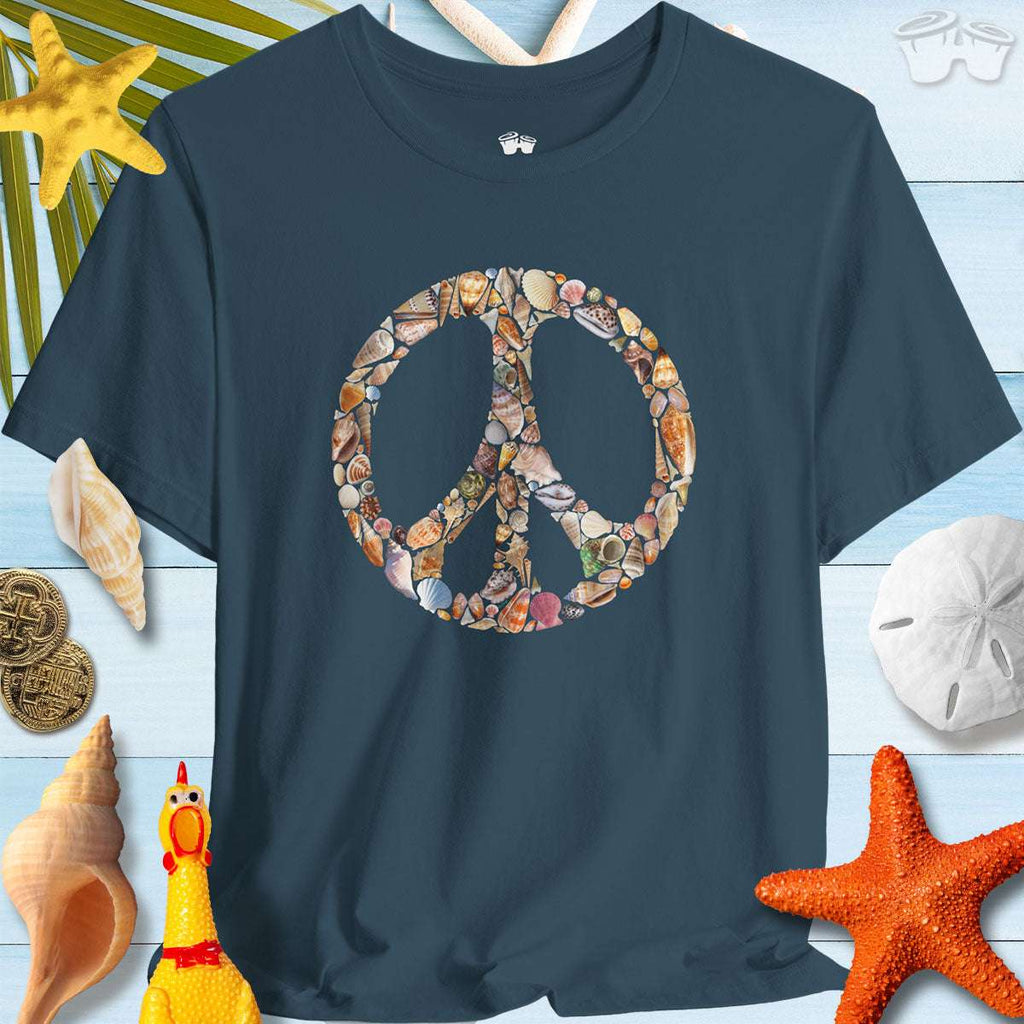 Shelling Tee featuring a peace sign made of seashells, perfect for beach lovers and casual summer outings.