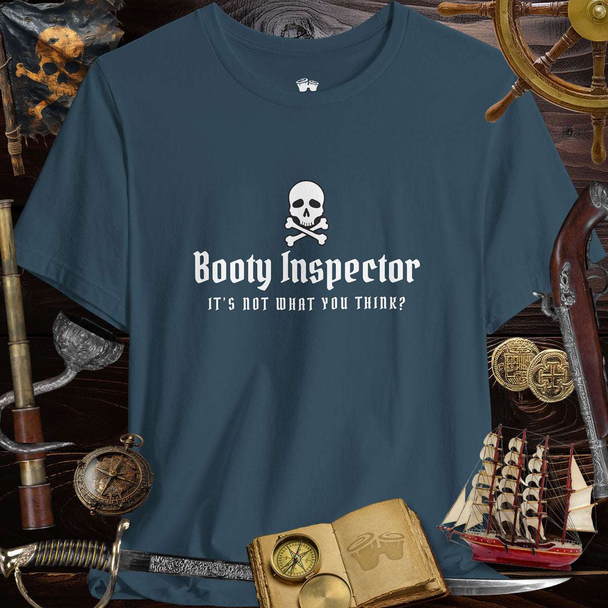 Booty Inspector Funny Pirate's Tee with skull graphic, playful companion for casual outings or relaxing at home.