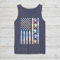 Navy tank top with American flag design featuring turtles on a nautical wood background