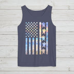 Navy tank top with American flag design featuring turtles on a nautical wood background
