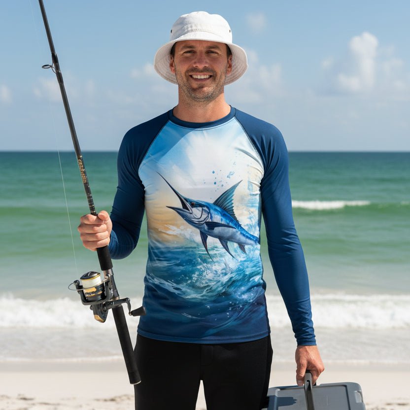 Fisherman wearing a long-sleeve sun rashie with a marlin design on a Destin Florida Beach