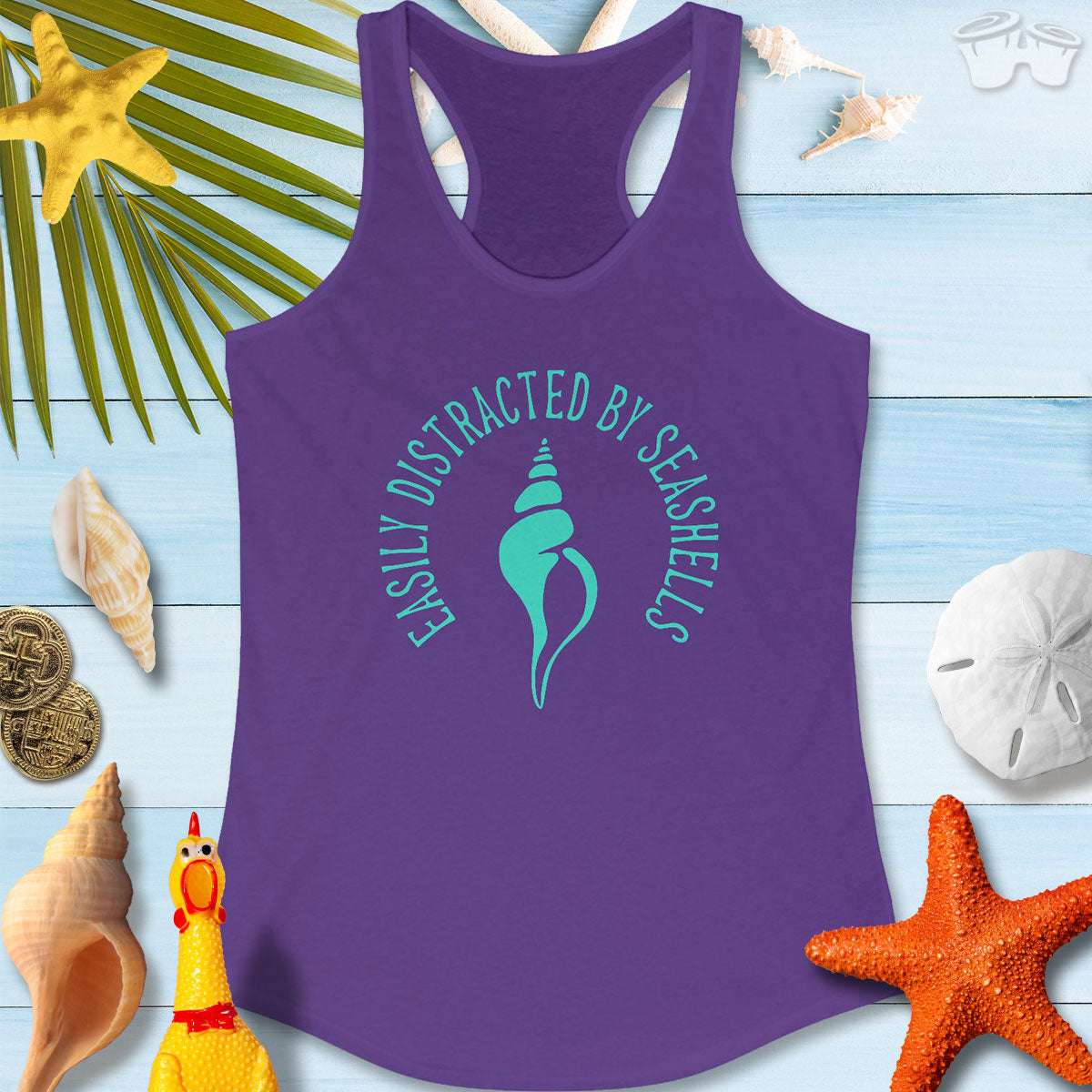Beachy Women's Racerback Tank featuring 'Easily Distracted By Seashells' print, perfect for beach lovers and summer fun.